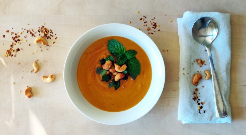 Finished sweet potato & coconut soup in a bowl