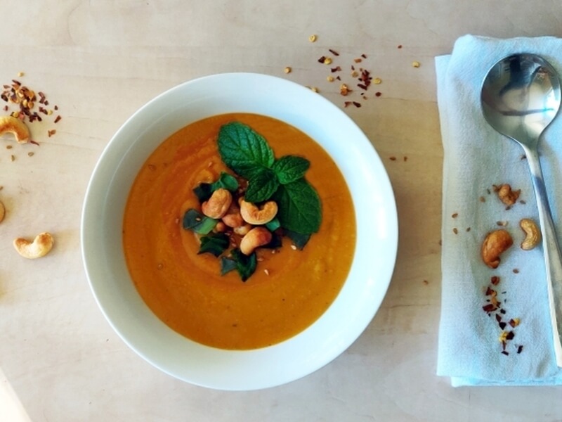 Sweet potato, coconut, cumin, red lentil soup with ground coriander and toasted cashew nuts