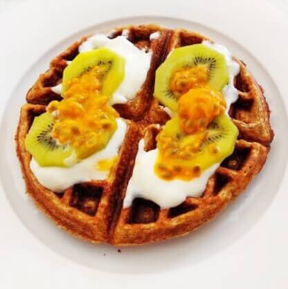 Banana oat waffles with passionfruit